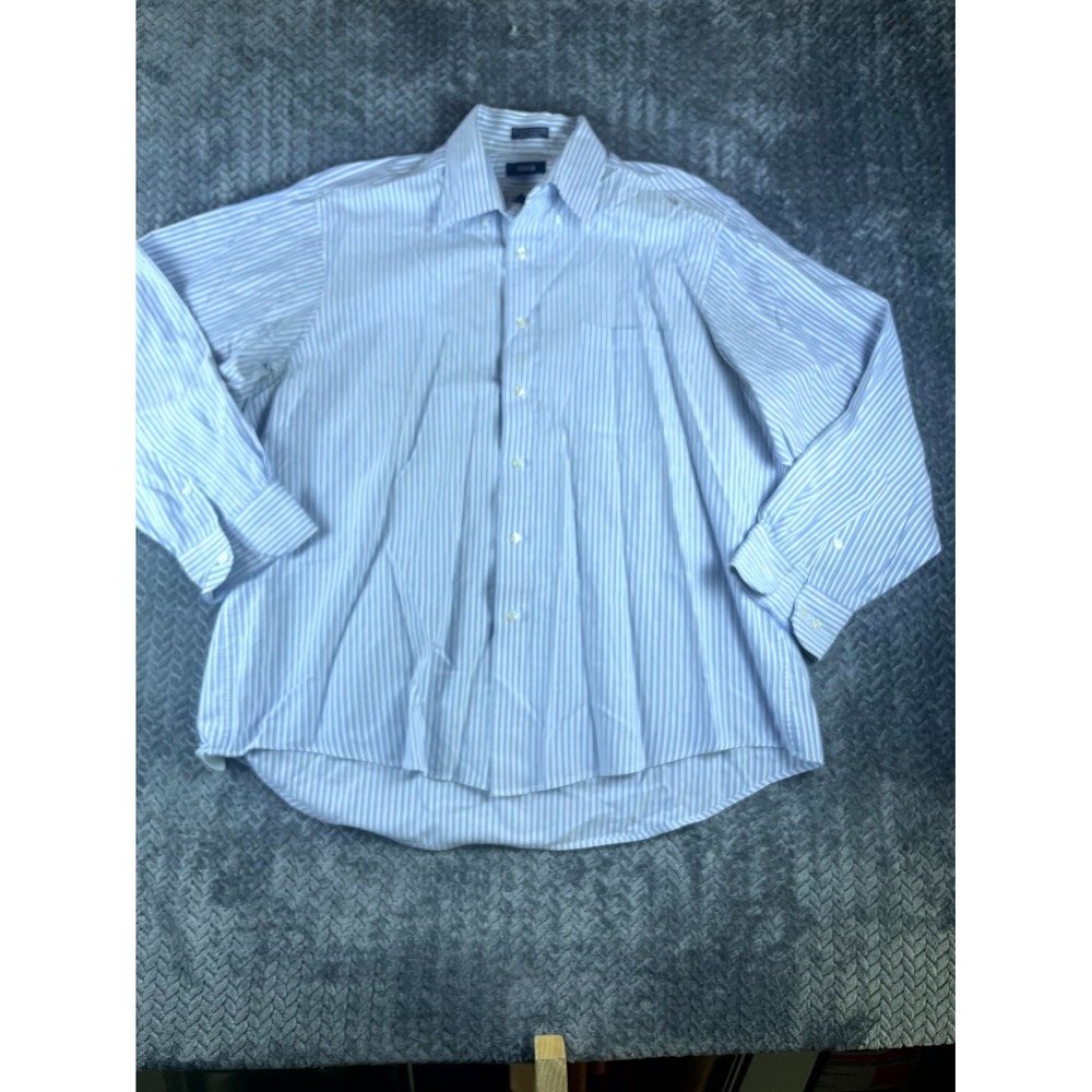 Izod New England Oxford Dress Shirt Mens 17.5 Blue White Striped Cotton Business